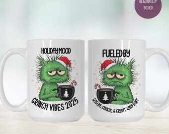 Funny Grinch Vibes 2025 Cat- Cocoa Chaos & Credit Card Debt - Christmas Humor Gift
