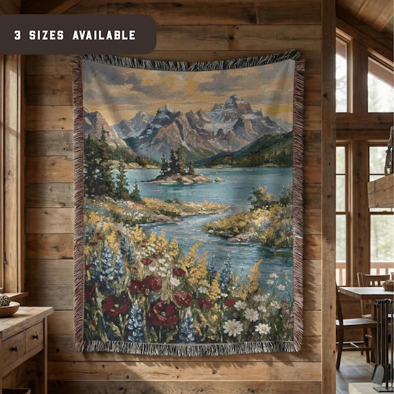 Mountain Lake Landscape Woven Blanket - Floral Keepsake Tapestry Throw - Housewarming Gift