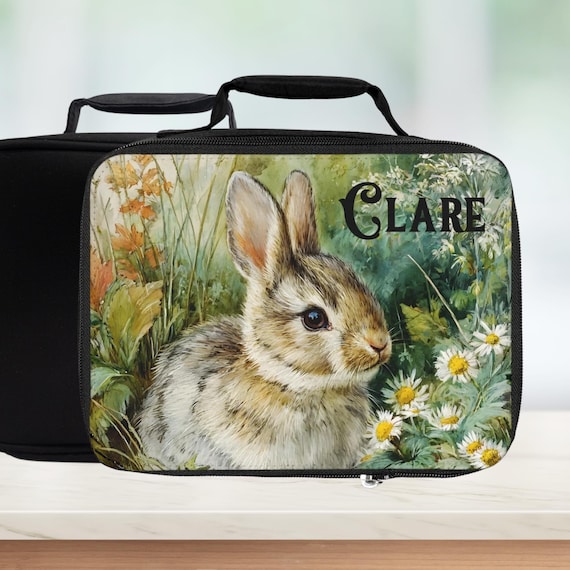 Personalized Bunny Lunch Bag — Cute Rabbit & Daisies Insulated Lunchbox