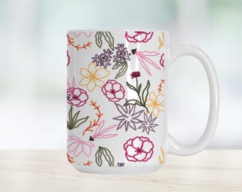 Hand-Drawn Christmas Floral Pattern Mug Deluxe 15oz.