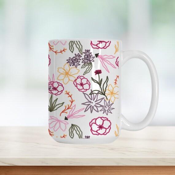 Hand-Drawn Christmas Floral Pattern Mug Deluxe 15oz.