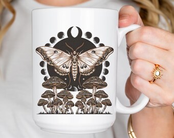 Celestial Moon Phase Mushroom Moth Mug | 15oz Psychedelic Coffee Cup | Magical Gift