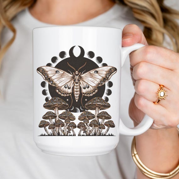 Celestial Moon Phase Mushroom Moth Mug | 15oz Psychedelic Coffee Cup | Magical Gift