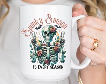 Spooky Season Is Every Season Mug – Cute Skeleton Peace Sign Cup – Year-Round Halloween Vibes – Funny Gothic Coffee Mug Gift