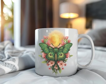 Green Celestial Lunar Moth Ceramic Mug: Pink & Red Florals - Gift for The Witchy