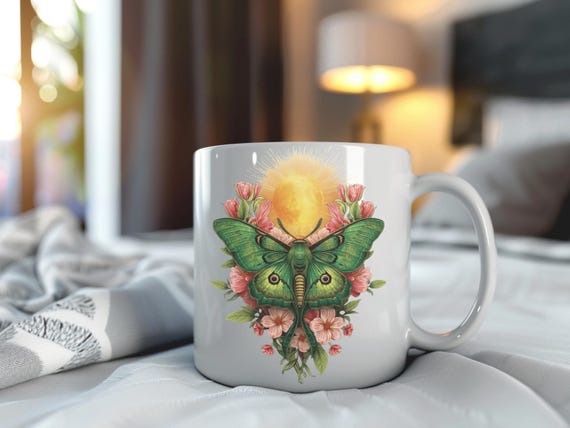 Green Celestial Lunar Moth Ceramic Mug: Pink & Red Florals - Gift for The Witchy