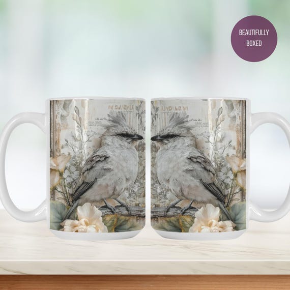 White Songbird Mug – Whimsical Bird Coffee Cup, Nature Lover Gift