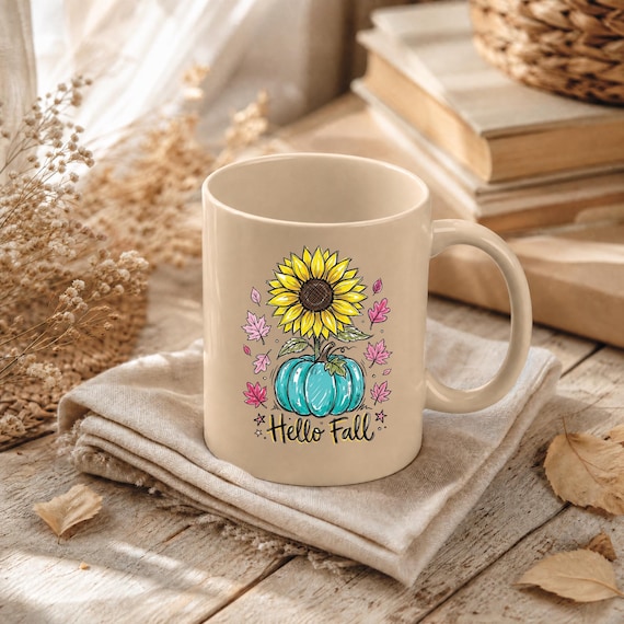 Hello Fall Sunflower Pumpkin Mug - Autumn Floral Ceramic Coffee Cup