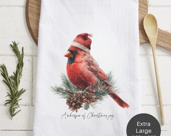 Watercolor Cardinal Christmas Tea Towel – Holiday Flour Sack Decor