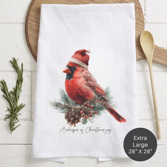 Watercolor Cardinal Christmas Tea Towel – Holiday Flour Sack Decor