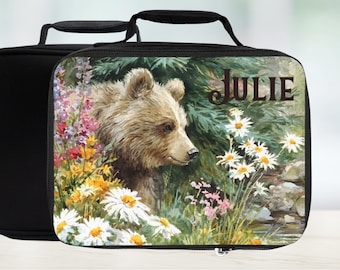Personalized Bear Floral Lunch Bag — Custom Animal Lunchbox