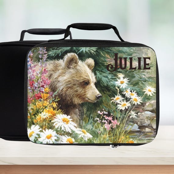 Personalized Bear Floral Lunch Bag — Custom Animal Lunchbox