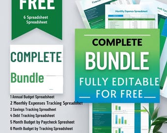 Puede incluir: Un gráfico verde y azul con el texto "COMPLETE BUNDLE" en blanco. El texto "FULLY EDITABLE - FOR FREE" está debajo del texto del paquete. El gráfico también incluye el texto "FREE 6 Spreadsheet Spreadsheet" y "1 Annual Budget Spreadsheet 2 Monthly Expenses Tracking Spreadsheet 3 Savings Tracking Spreadsheet 4 Debt Tracking Spreadsheet 5 Month Budget by Paycheck Spreadsheet 6 Month Budget by Tracking Spreadsheet".