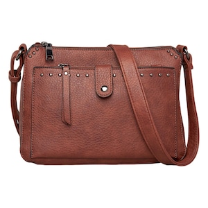 May include: A brown crossbody bag with a textured finish. The bag features a front pocket with a snap closure, a zippered main compartment, and a long adjustable strap. Small silver studs are placed along the edges of the bag.
