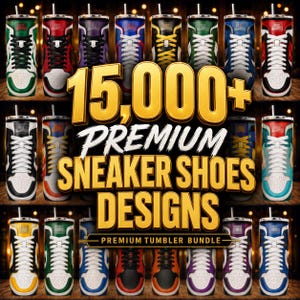 Może przedstawiać: Cyfrowa kolekcja ponad 15 000 wzorów butów sportowych typu sneaker na kubki, przedstawiająca różne warianty kolorystyczne wysokiego obuw obuwie sportowe z sznurowadłami, noskami i podeszwami, ułożone w siatkę ze złotym tekstem nałożonym na obrazy.