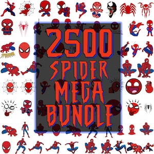 Puede incluir: Una colección de gráficos con temática de Spider-Man. La imagen presenta varias ilustraciones de Spider-Man en diferentes poses y estilos, junto con el texto "2500 SPIDER MEGA BUNDLE" en rojo y azul.