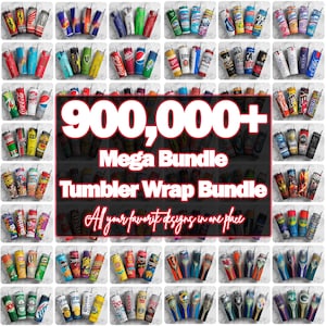 Könnte beinhalten: Eine Zusammenstellung verschiedener Becher-Designs mit unterschiedlichen Mustern und Marken. Das Bild zeigt prominent den Text "900.000+ Mega Bundle Tumbler Wrap Bundle" in einer auffälligen Schriftart, mit dem Satz "All your favorite designs in one place" darunter.