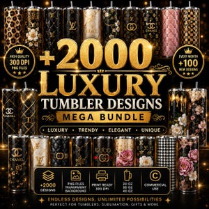 May include: A digital collection of 2000 luxury tumbler designs featuring various patterns including floral, quilted, checkered, and logo-inspired motifs in black, gold, and pink. The image displays multiple cylindrical tumbler mockups.