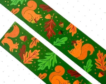 Squirrel Leaves Acorn Gold Foil Washi Tape, Green Oak Maple Harvest Autumn Fall Stationary