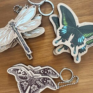 Butterfly Dragonfly Moth Insect Wooden Keychains Eco Friendly Sustainable FSC-certified Responsibly Sourced Original Art