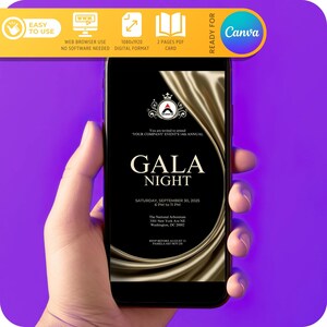 May include: A black and gold digital invitation for a gala night. The invitation features a gold swirl design and the text "You are invited to attend [YOUR COMPANY] EVENT'S 10th ANNUAL GALA NIGHT" with the date and time of the event. The invitation also includes the location of the event, The National Arboretum, 1501 New York Ave NE, Washington, DC 20002, and the RSVP information.