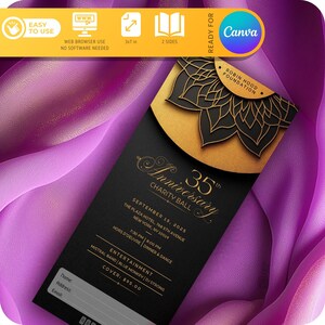 May include: Black and gold invitation for a 35th anniversary charity ball. The invitation features a gold mandala design and the text "35th Anniversary Charity Ball" in a gold script font. The event is scheduled for September 15, 2025, at The Plaza Hotel in New York City. The invitation includes the time, address, and cover charge.