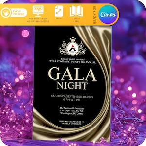 May include: A black and gold invitation for a gala night. The invitation features a gold satin background with a black swirl design. The text reads 'You are invited to attend 'YOUR COMPANY' EVENT'S 14th ANNUAL GALA NIGHT' with the date and time of the event. The location is listed as 'The National Arboretum, 3501 New York Ave NE, Washington, DC 20002'. The RSVP information is 'RSVP before August 12, Pamela 4567 9879 230'.