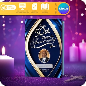 Plantilla para programa de aniversario de iglesia, lujosa plantilla en azul y dorado, descargas instantáneas en PDF/DIY, 4 páginas, carta de EE. UU., plegable (5,5 x 8,5 pulgadas), hecha para Canva