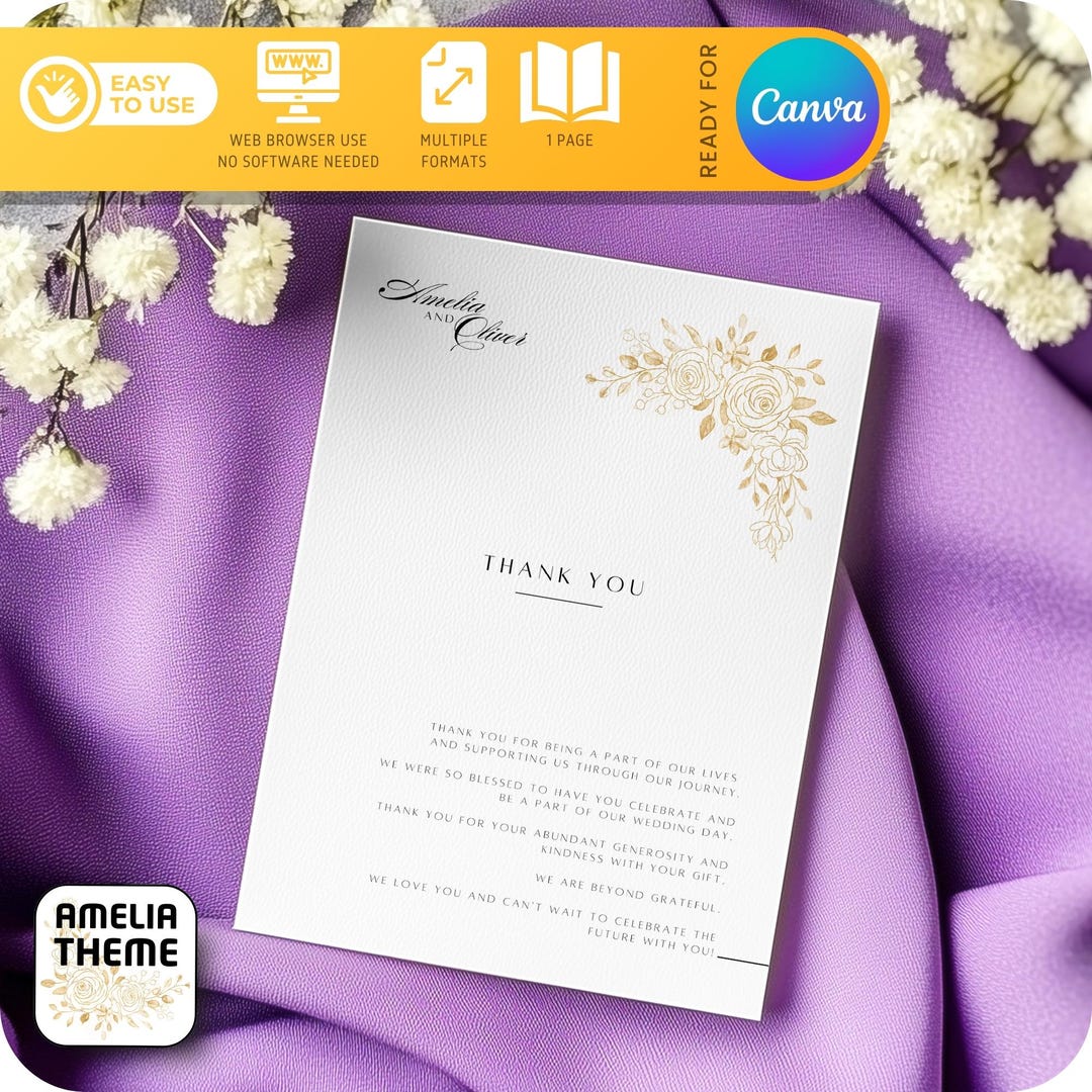 Elegant Wedding Thank You Card Template, Minimalist Flower Design (MADE ...