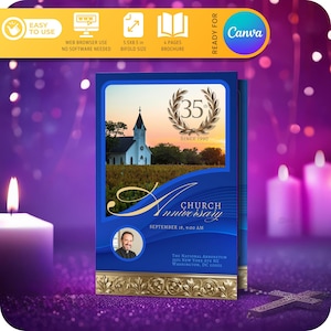 Modello di programma per l'anniversario della chiesa fai da te, ornamento blu oro, download istantanei in PDF / 4 pagine US letter bifold (5,5x8,5 pollici) - REALIZZATO per Canva