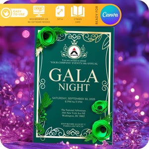 Può includere: Un invito verde e dorato per una serata di gala. L'invito presenta uno sfondo verde con accenti dorati e un grande testo che dice "Gala Night". L'evento è previsto per sabato 30 settembre 2025, dalle 18:00 alle 23:00 presso il National Arboretum di Washington, DC.