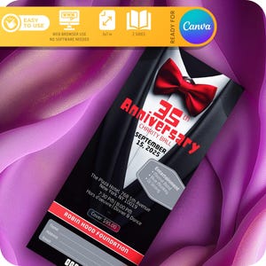 May include: A black and white ticket for a 35th anniversary charity ball. The ticket features a tuxedo with a red bow tie and the text "35th Anniversary Charity Ball" in a silver circle. The event is scheduled for September 15, 2025, at The Plaza Hotel in New York City. The ticket includes information about the entertainment, which includes Mistral Band, Blue Monkey, and DJ Strong. The ticket also includes the price of $95.00 and a space for the attendee's name, address, and email.