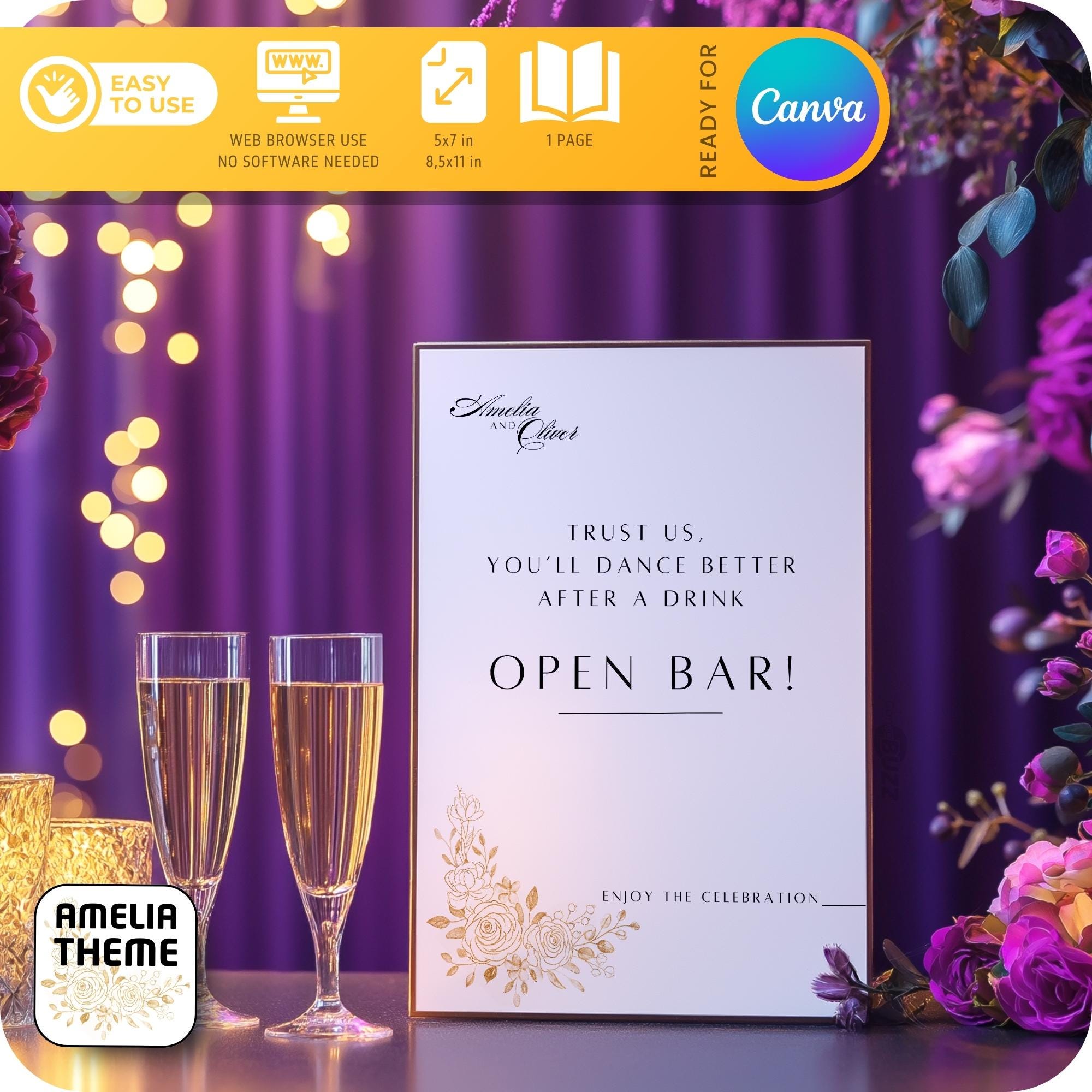 Open Bar Sign Template *[AMELIA Theme]* Wedding Drink Sign, Modern ...