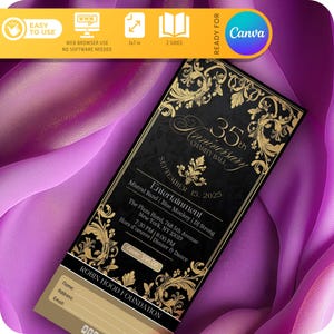 Schwarz & Gold Jubiläum Bankett Ticket Vorlage, Charity Ball, Elegante Vergoldung Floral Corporate Fundraiser Geschäftseinladung, FÜR Canva