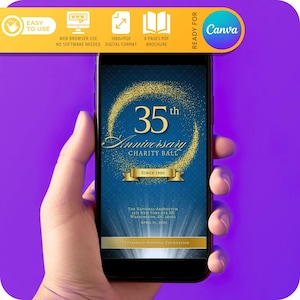 Digital Anniversary Gala Program Template | Luxury Blue Gold | Fundraiser Event, 8 Pages 1080x1920 px for Mobile Phone Blue - MADE FOR Canva
