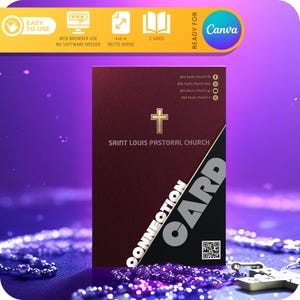 Edytowalny szablon karty Church Connect dla nowych gości, głęboka czerwień i złoto, powitanie Church Connection, kod QR, 2 strony 4x6" — WYKONANY dla Canva