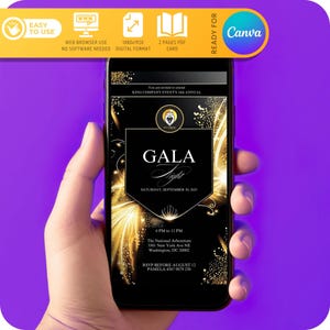 May include: A black and gold digital invitation for a gala event. The invitation features a gold glitter background with a black rectangle in the center. The text "GALA Night" is in a large, bold font. The date and time of the event are listed below the text. The location of the event is listed below the date and time. The invitation also includes a RSVP deadline and contact information.