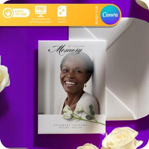 Plantilla de tarjeta de agradecimiento para funeral con tema ROSA para Canva, celebración de la vida, nota de agradecimiento, en memoria amorosa, obsequio de entierro - HECHA para Canva