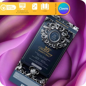 Anniversary Banquet Ticket Template, Charity Ball, Luxury Corporate Fundraiser Business Invitation Black Blue & Silver, MADE FOR Canva
