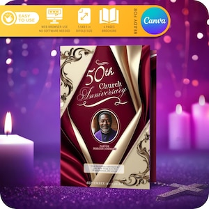 Plantilla para programa de aniversario de iglesia, oro rojo de lujo, descargas instantáneas en PDF/DIY, folleto de 4 páginas con formato carta de EE. UU. (5,5 x 8,5 pulgadas) - HECHO PARA CANVA