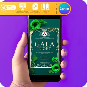 May include: A green and gold digital invitation for a gala night. The invitation features a green background with gold accents and a floral design. The text on the invitation reads "Gala Night" and includes the date, time, and location of the event. The invitation also includes the text "RSVP before August 12, Pamela 637-887-220".
