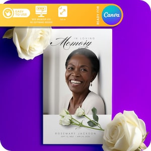 Plantilla de tarjeta de oración para funeral con tema ROSA, Paraíso, Celebración de la vida, Recuerdo funerario, Recuerdo conmemorativo, Tarjeta funeraria - HECHA para Canva