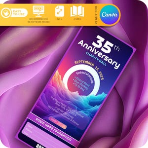 Può includere: Un biglietto viola, blu e rosa per un ballo di beneficenza per il 35° anniversario. L'evento si terrà il 15 settembre 2025 al Plaza Hotel di New York. Il biglietto include il testo "Robin Hood Foundation" e un prezzo d'ingresso di 95,00 €.