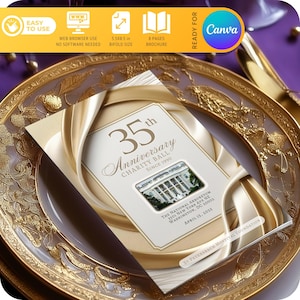 Customizable Anniversary Gala Program Template | Luxury Cream Drape | Fundraiser Event, Banquet Program, 8 Pages 5.5x8.5 in - MADE FOR Canva