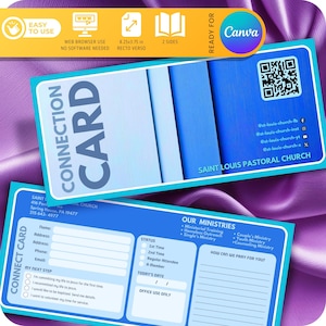 Szablon karty Connect dla odwiedzających kościół, niebieski edytowalny kod QR powitalny dla kościoła, nowy tutaj gość, 2 strony, 8,25 x 3,75 cala, WYKONANY dla Canva
