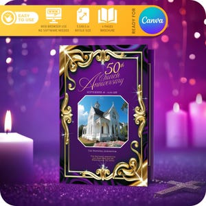 May include: Purple and gold bifold brochure with a church image and the text "50th Church Anniversary" and "September 18 - 9:00 AM".