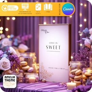 Plantilla de letrero con el mensaje "El amor es dulce". Tome un regalo. *[Tema AMELIA]* Letrero moderno para mesa de boda, despedida de soltera, señalización de boda. Hecho para Canva
