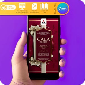 May include: A red and gold invitation for a gala night. The invitation features a floral design and the text 'GALA NIGHT' in gold lettering. The event is scheduled for Saturday, September 30, 2025, from 6 PM to 11 PM at The National Arboretum in Washington, DC. RSVP by August 12.