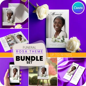 Thème ROSA | Modèle pour funérailles, fleur élégante, programme, plaque de bienvenue, carte de prière et de remerciement, marque-page, téléphone portable - Canva