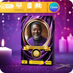 Plantilla editable para programa de aniversario de iglesia, lujoso color morado dorado, descargas instantáneas, 4 páginas, tamaño carta de EE. UU. (5,5 x 8,5 pulgadas), hecha para Canva